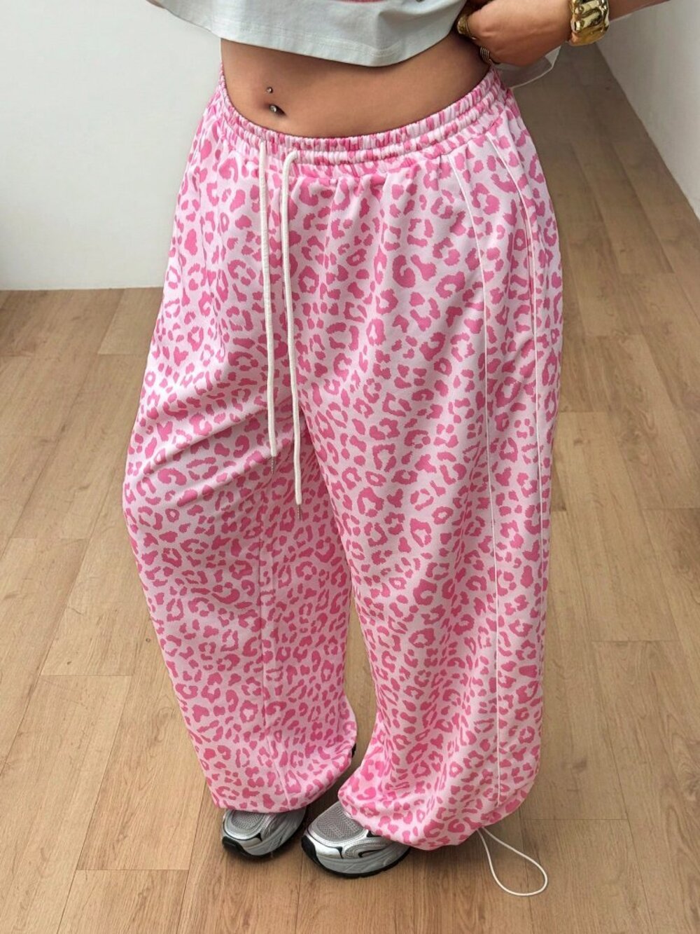 Baby Pink Casual Women's Plus Size Baggy Wide Leg Leopard Print Sweatpants